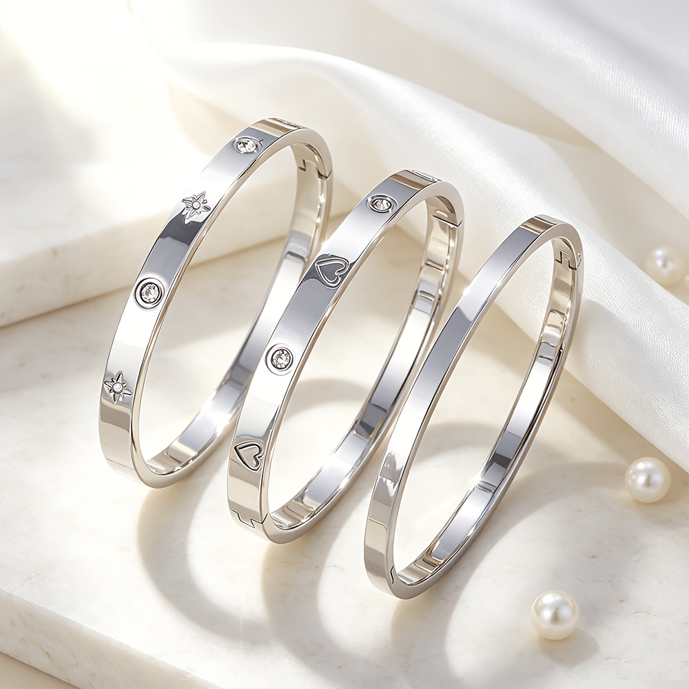 3pc Stainless Steel Stackable Bangle Set with Heart & Star